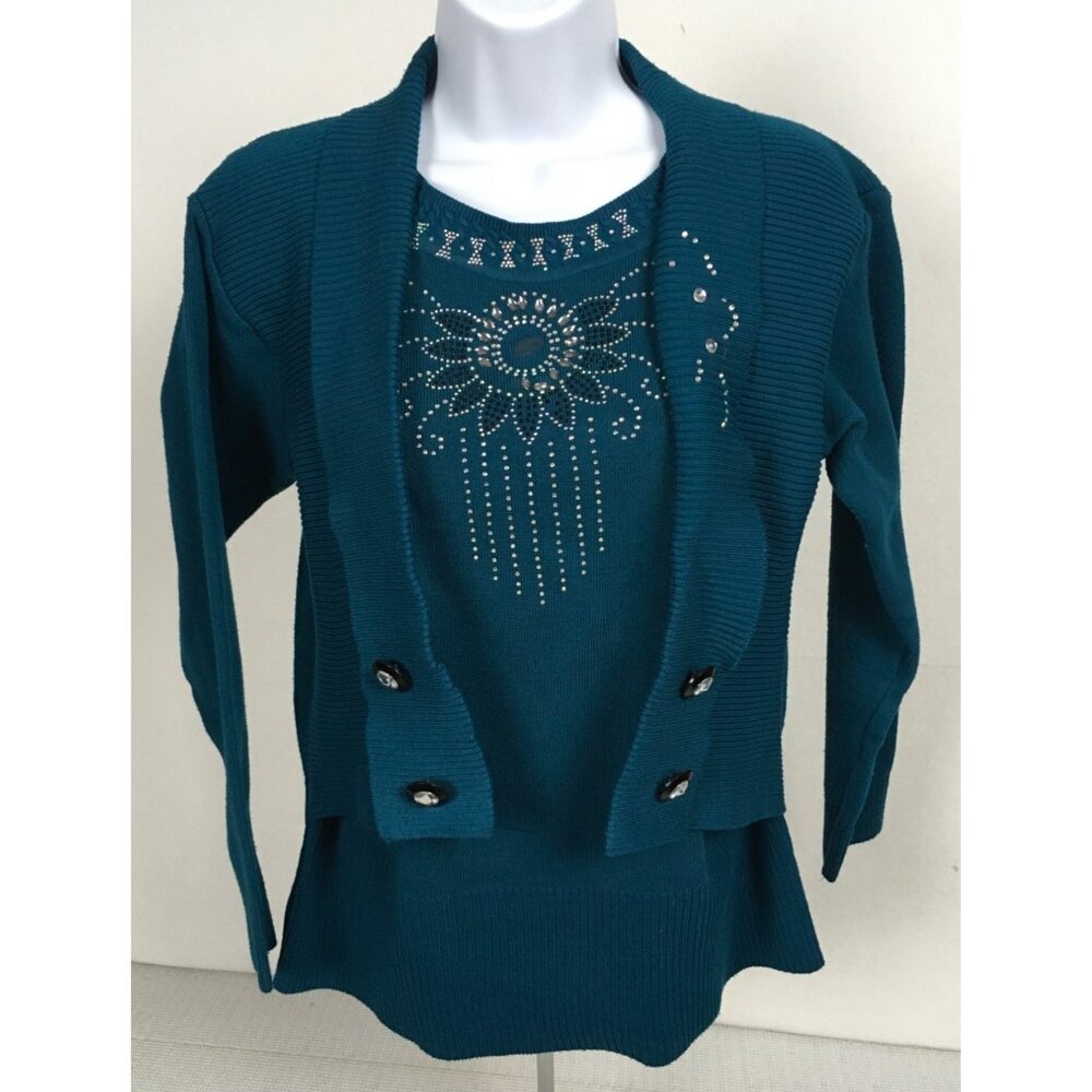 TC Fashion Womens Sweater with Attached Cardigan Size S Blue w Sequins Beading